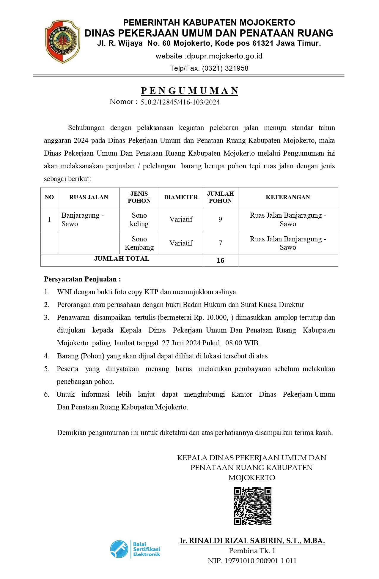 penjualan / pelelangan barang berupa pohon tepi ruas jalan