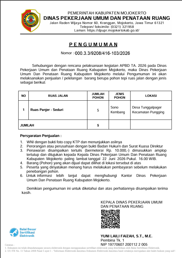 Penjualan/Pelelangan Pohon Tepi Ruas Jalan Panjer - Seduri