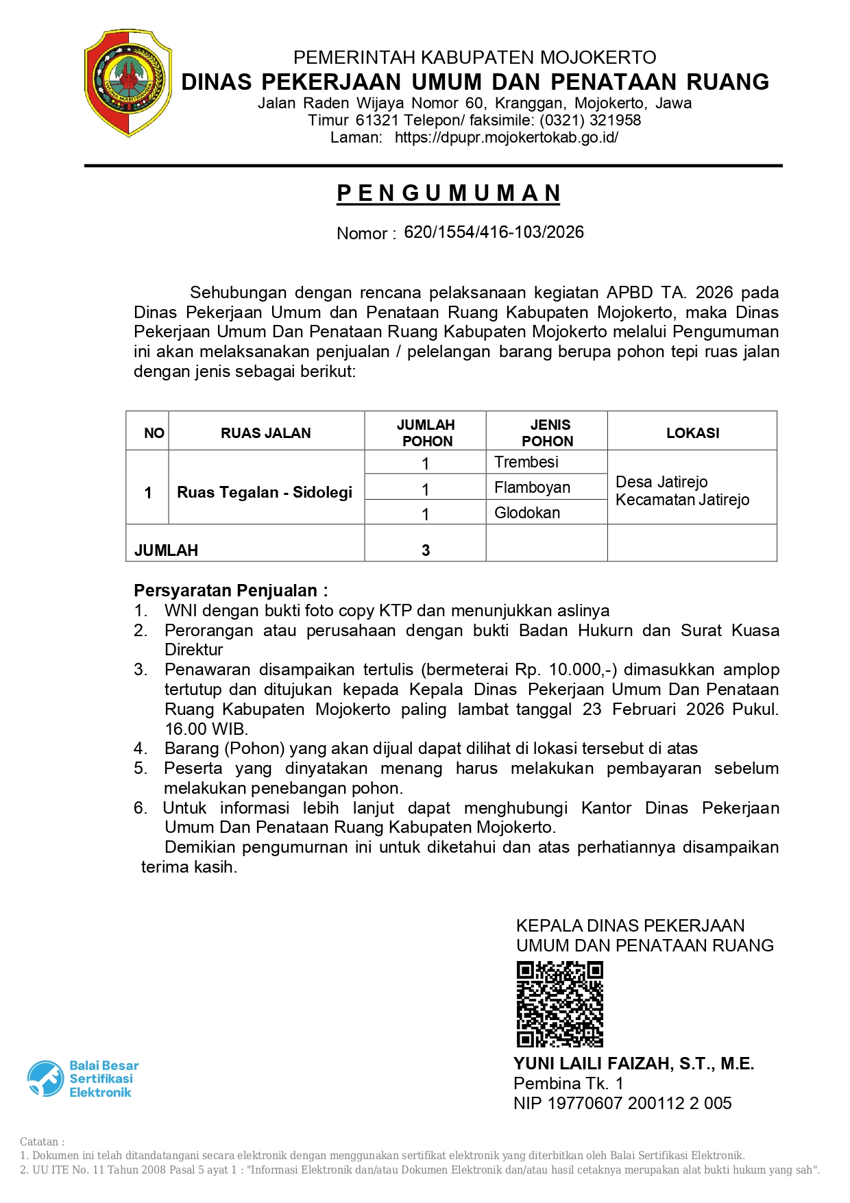 Penjualan/Pelelangan Pohon Tepi Ruas Jalan Tegalan - Sidolegi
